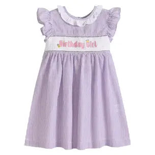 Purple Seersucker Smocked Birthday Girl Dress